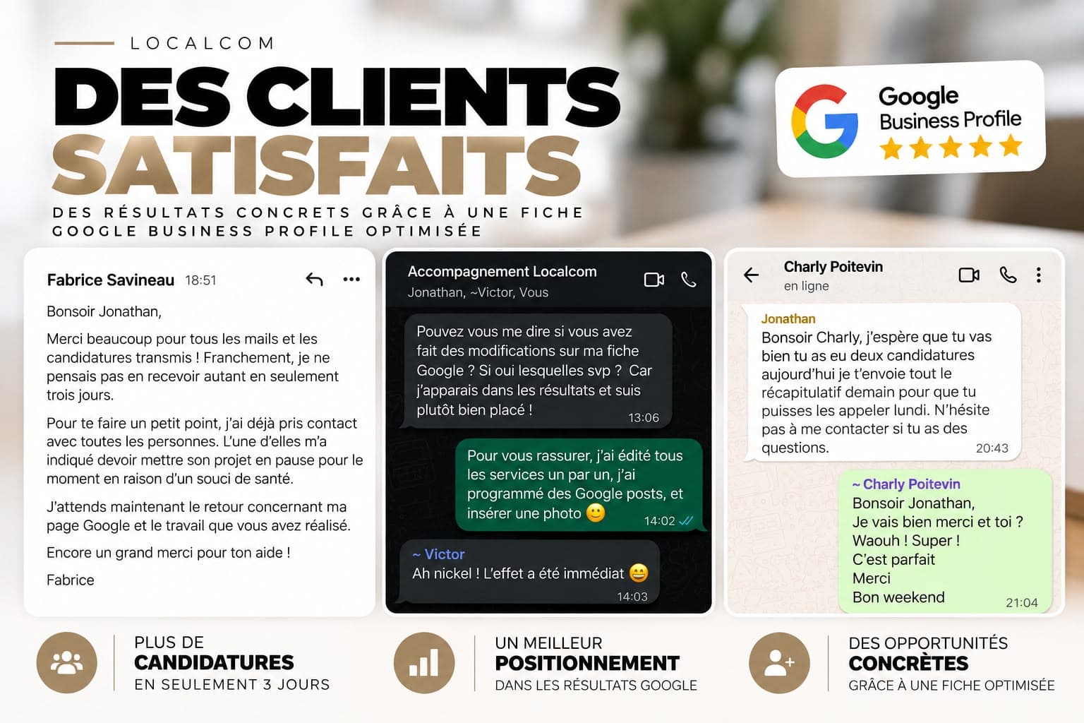 Retours de clients LocalCom : plus de candidatures en 3 jours, un meilleur positionnement dans les résultats Google, des opportunités concrètes